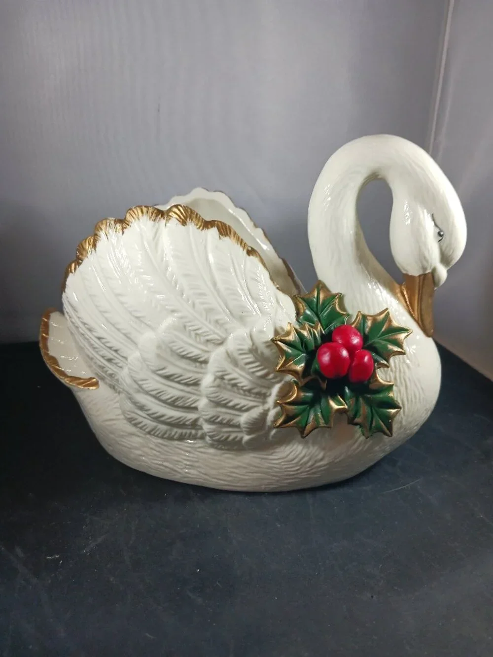 Vintage White Porcelain Christmas Grandmacore Swan Vase Planter Gold Trim